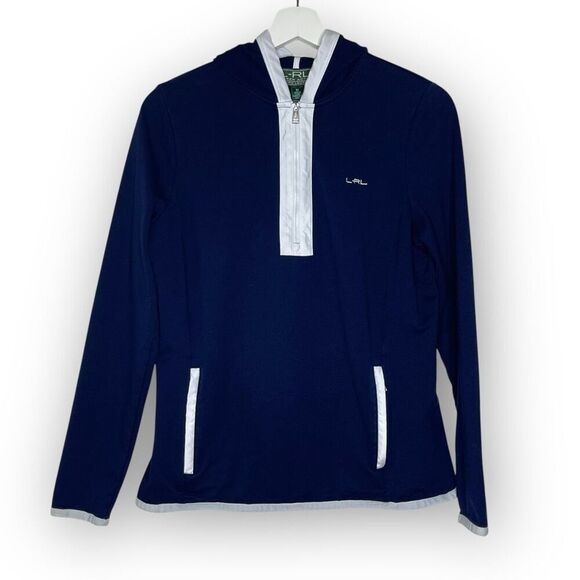 Lauren Ralph Lauren Active Navy Blue White Trim Popover 1/4 Zip Hoodie Women Med - Picture 1 of 8